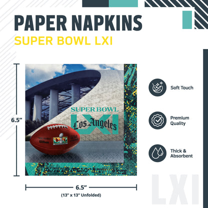 NFL Super Bowl LXI napkins with a football, Super Bowl logo and "Los Angeles" text overlaid on the top with SoFi Stadium in the background. Shown in a product graphic with dimensions and feature callouts.