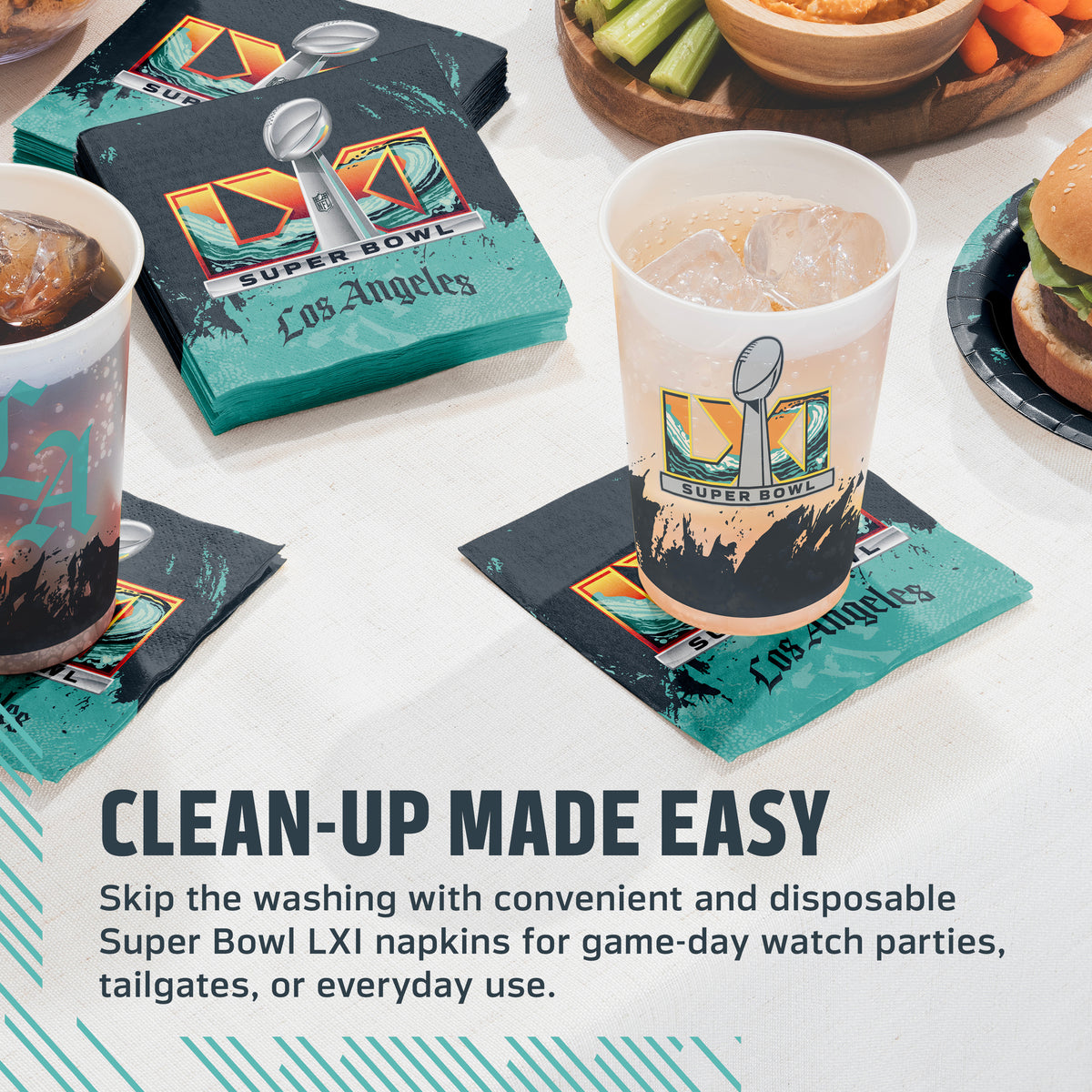 Super Bowl LXI napkins and cups on a table with food and a plate. Banner with "Clean-Up Made Easy" text along the bottom
