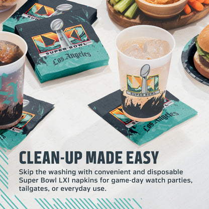 Super Bowl LXI napkins and cups on a table with food and a plate. Banner with "Clean-Up Made Easy" text along the bottom