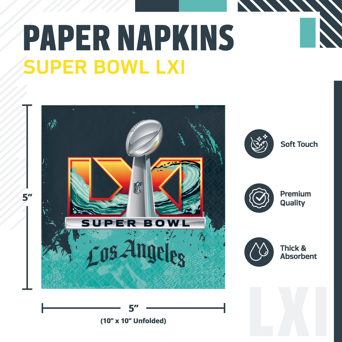 NFL Super Bowl LXI paper napkins shown in a product graphic with dimensions and feature callouts. The napkin is navy blue and orange with the Super Bowl LXI logo and the word Los Angeles printed on it.