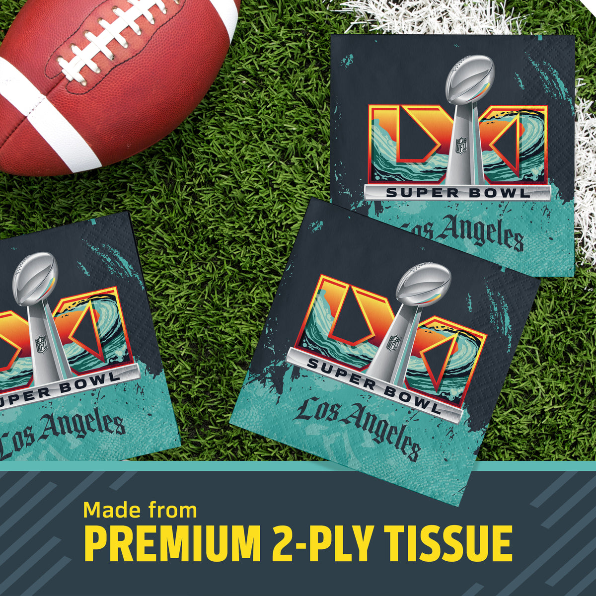 Super Bowl LXI themed square napkins on a green turf background next to a football, with a text banner at the bottom reading 'Made from PREMIUM 2-PLY TISSUE'.