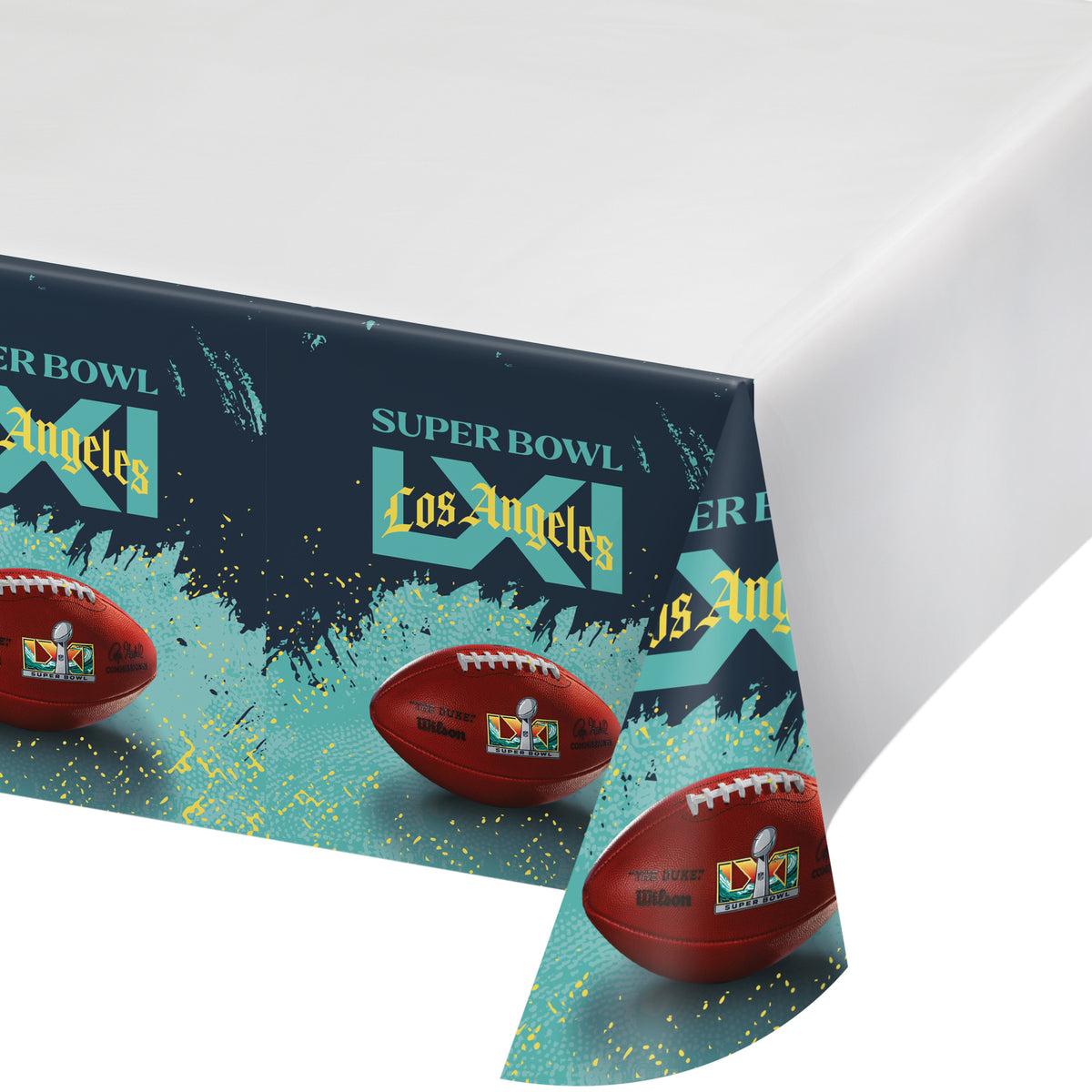 Blue and grey NFL Super Bowl LXI Tablecloth with Super Bowl LXI logo with "Los Angeles" text overlaid on top and a football
