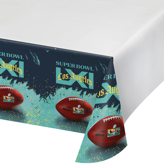 Blue and grey NFL Super Bowl LXI Tablecloth with Super Bowl LXI logo with "Los Angeles" text overlaid on top and a football