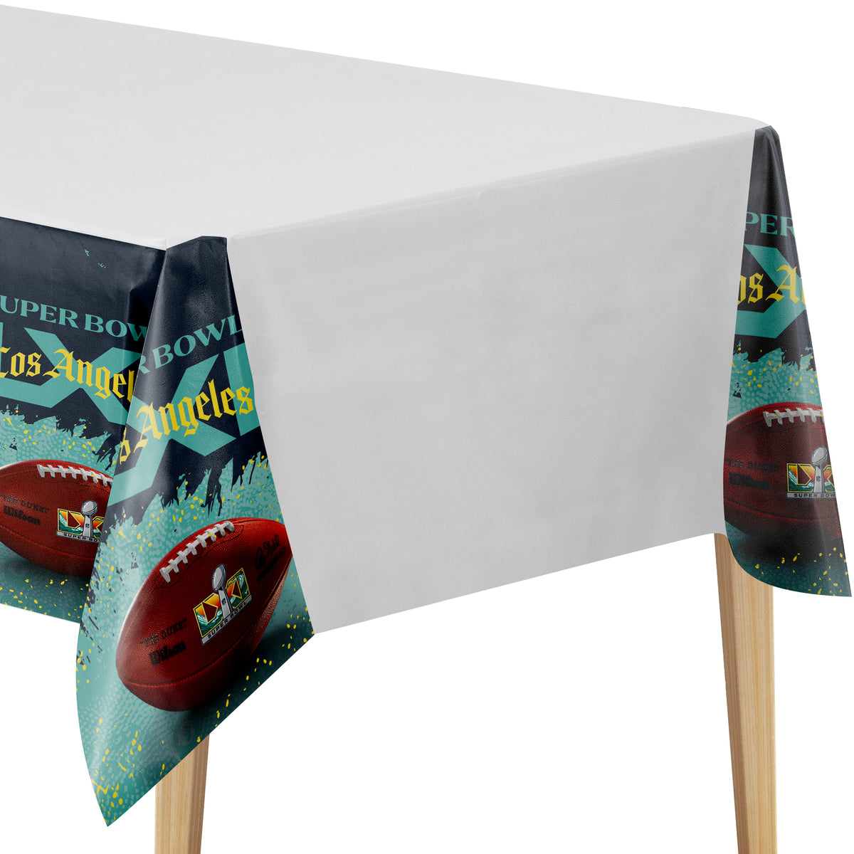 Close-up image of an NFL Super Bowl LXI tablecloth with blue and grey background, a football, and white center on a wooden table
