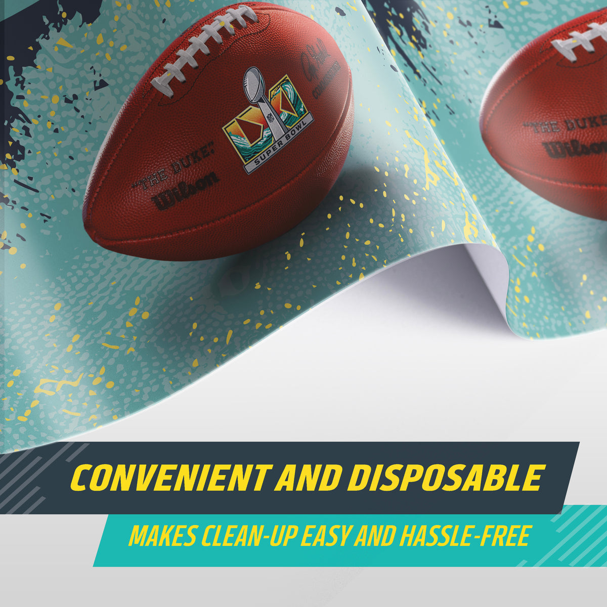 A close-up of a blue and grey Super Bowl LXI tablecloth shown with text overlays reading 'CONVENIENT AND DISPOSABLE' and 'MAKES CLEAN-UP EASY AND HASSLE-FREE'.