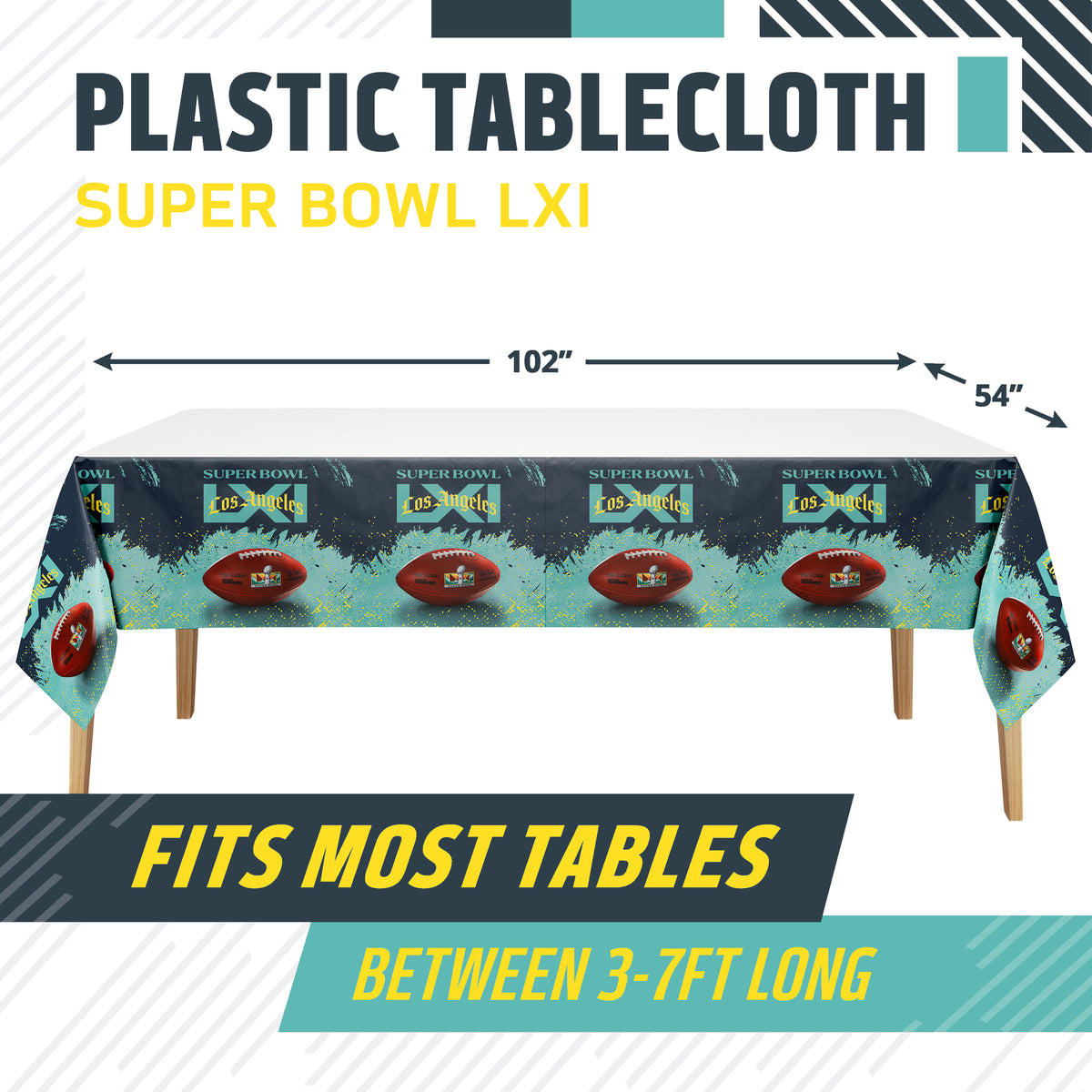 NFL Super Bowl LXI plastic tablecloth shown on a table with product dimensions and "Fits Most Tables Between 3-7ft Long" text