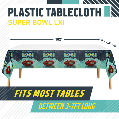 NFL Super Bowl LXI plastic tablecloth shown on a table with product dimensions and "Fits Most Tables Between 3-7ft Long" text