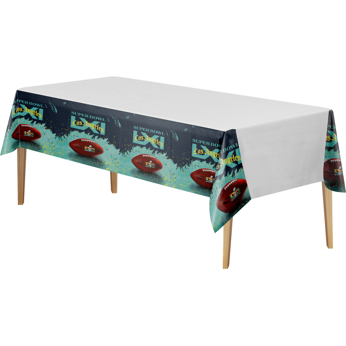 NFL Super Bowl LXI tablecloth with blue and grey background, a football, and white center on a wooden table
