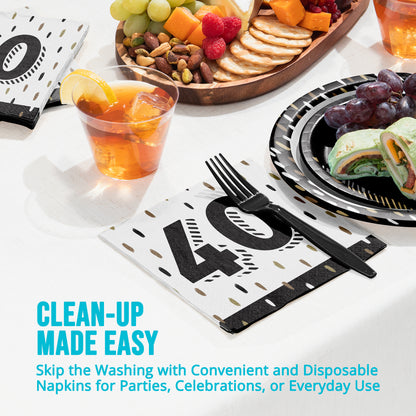 Disposable napkins with "40" on a table with food and drinks.