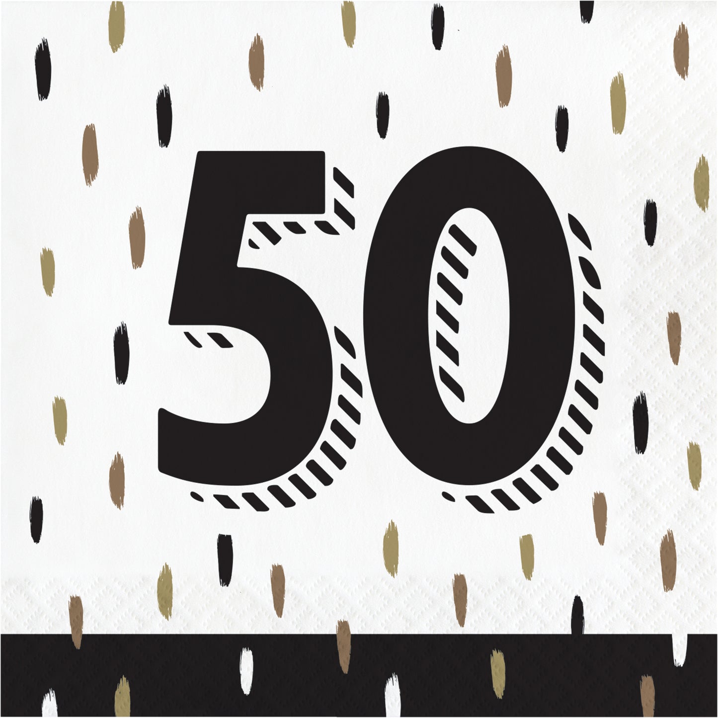 Napkin with black number '50' on a white background with black and gold dots paint brush strokes