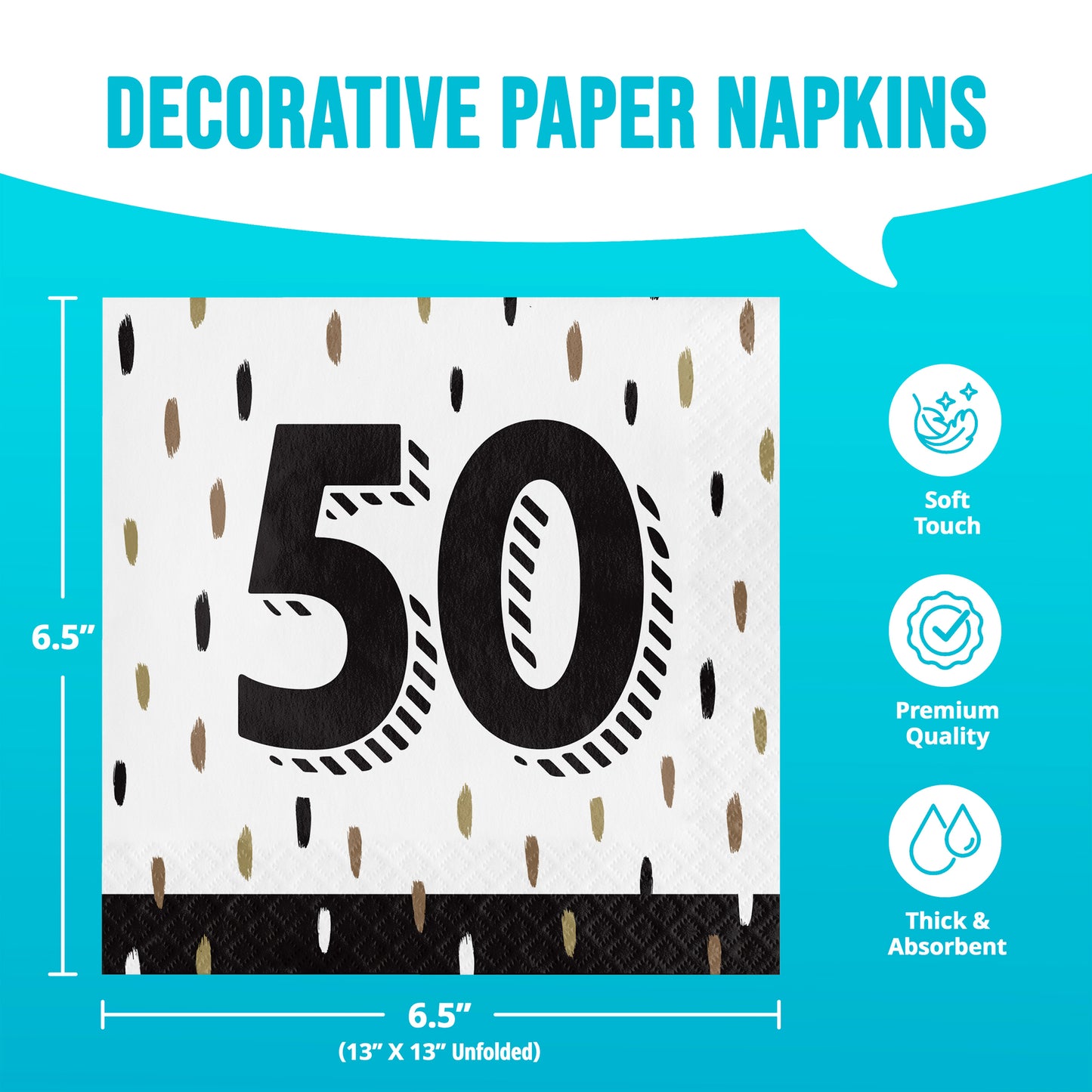 Decorative paper napkins with number 50 design on a blue background with dimensions
