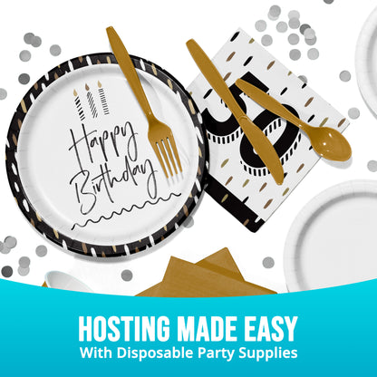 Disposable party supplies with 'Happy Birthday' plates, gold cutlery, and napkins on a white background.