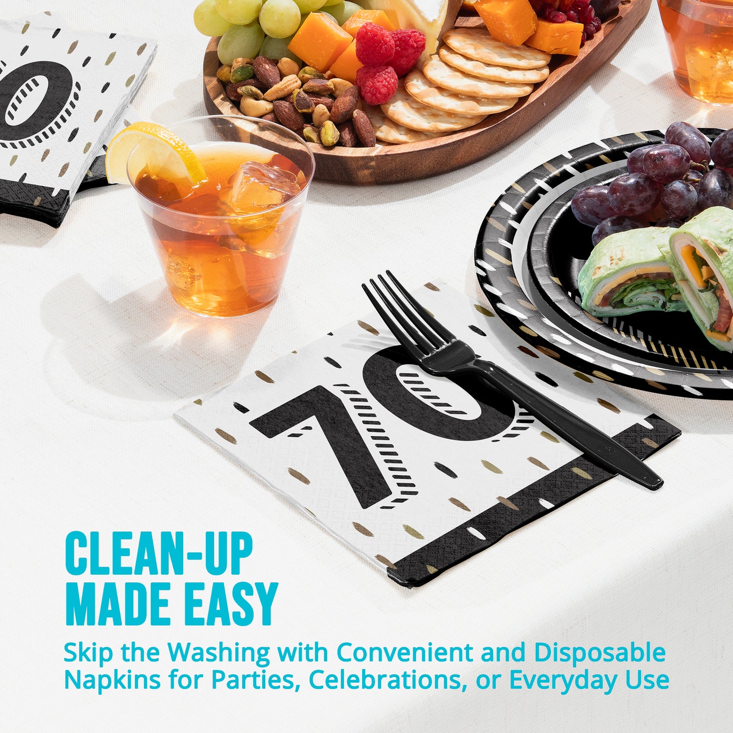 Disposable napkins with cutlery on a table with food and drinks, featuring text 'Clean-up Made Easy'.
