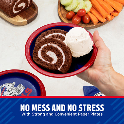 A hand holding a Buffalo Bills paper plate with chocolate cake and ice cream. Text along the bottom with "No Mess and No Stress" text