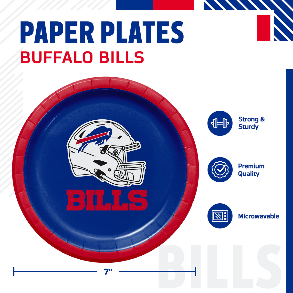 Buffalo Bills themed paper plates, featuring a 7-inch round plate with a blue background, red rim, and the team's helmet logo with 'BILLS' printed in red. The image includes product specifications and features on a white background with blue and red graphic accents.