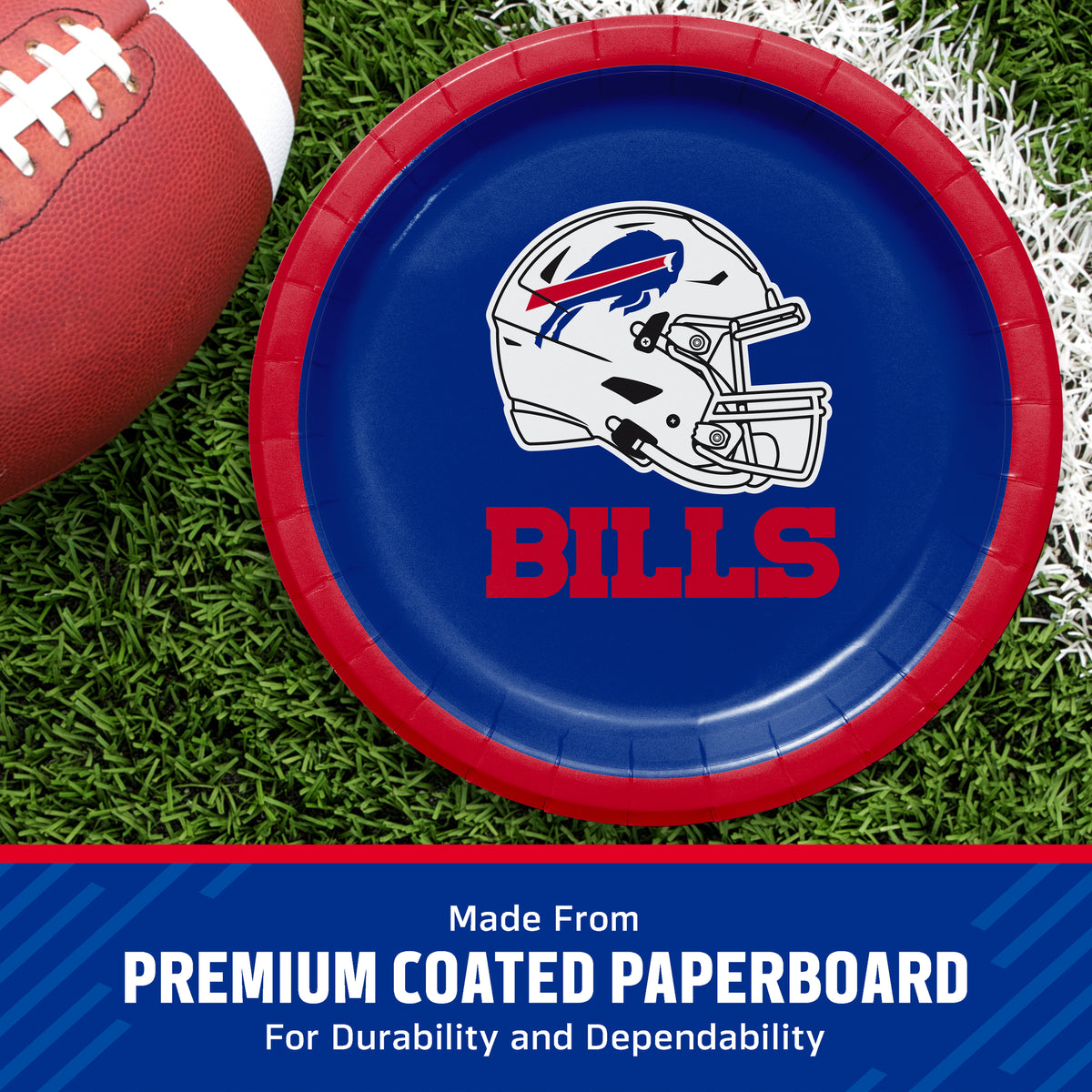 A round paper plate featuring the Buffalo Bills logo and team name, styled on a grassy field with a football partially visible. A blue banner at the bottom reads 'Made From PREMIUM COATED PAPERBOARD For Durability and Dependability'.
