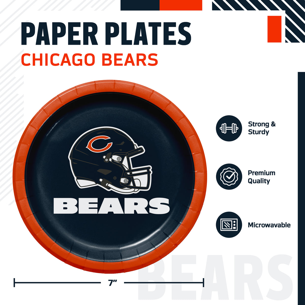 Chicago Bears themed paper plates, featuring a 7-inch round plate with a navy blue center, an orange rim, and the Chicago Bears helmet logo with 'BEARS' text. The image includes product specifications and feature icons on a white background.