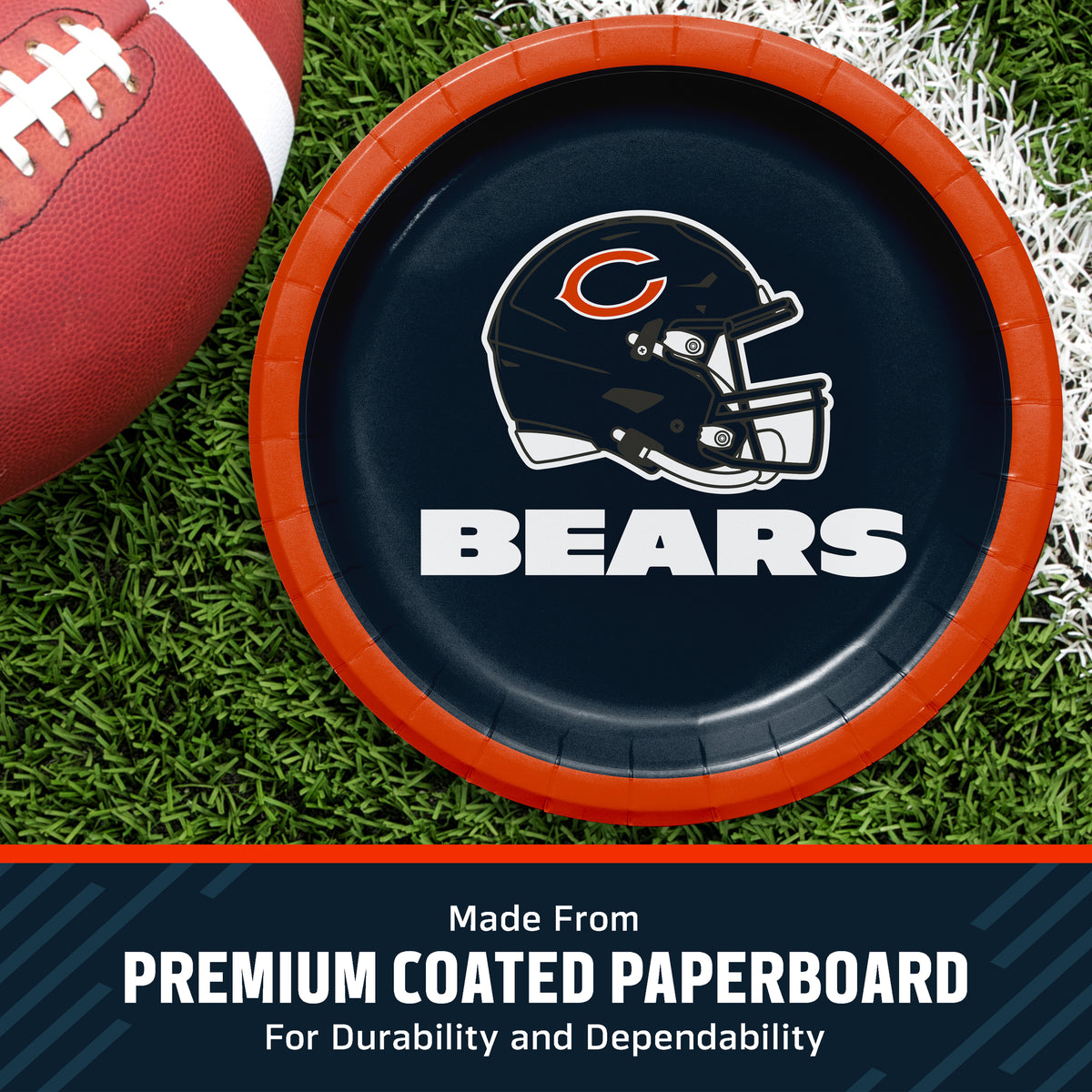 Chicago Bears themed paper plate on a green turf background next to a football, with a text banner at the bottom reading 'Made from PREMIUM 2-PLY TISSUE'.