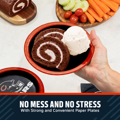 Hand holding a Chicago Bears plate filled with chocolate cake and ice cream. Banner with "Clean-Up Made Easy" text along the bottom