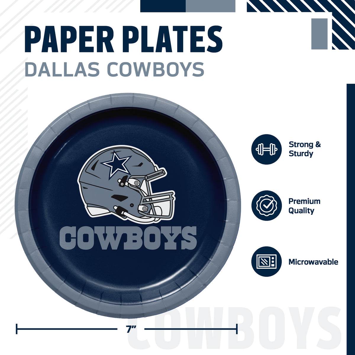 Dallas Cowboys themed paper plates, featuring a 7-inch round plate with a navy blue center, a silver rim, and the Dallas Cowboys helmet logo with 'COWBOYS' text in the center. The image includes product specifications and feature icons on a white background.