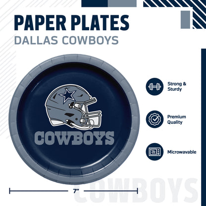 Dallas Cowboys themed paper plates, featuring a 7-inch round plate with a navy blue center, a silver rim, and the Dallas Cowboys helmet logo with 'COWBOYS' text in the center. The image includes product specifications and feature icons on a white background.