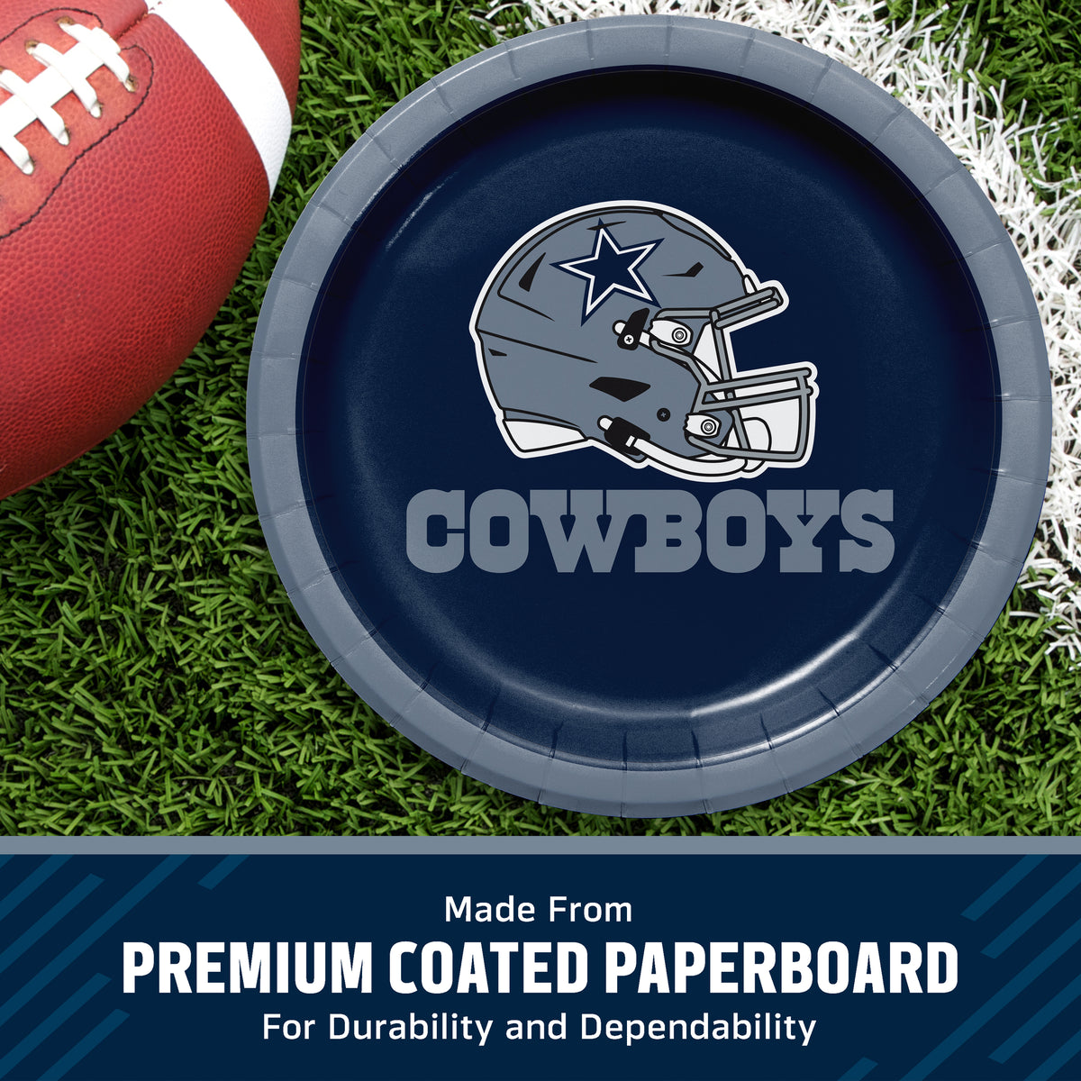 A Dallas Cowboys themed paper plate on a green grass background with a football partially visible. The plate is navy blue with the Cowboys helmet logo and 'COWBOYS' text in white.