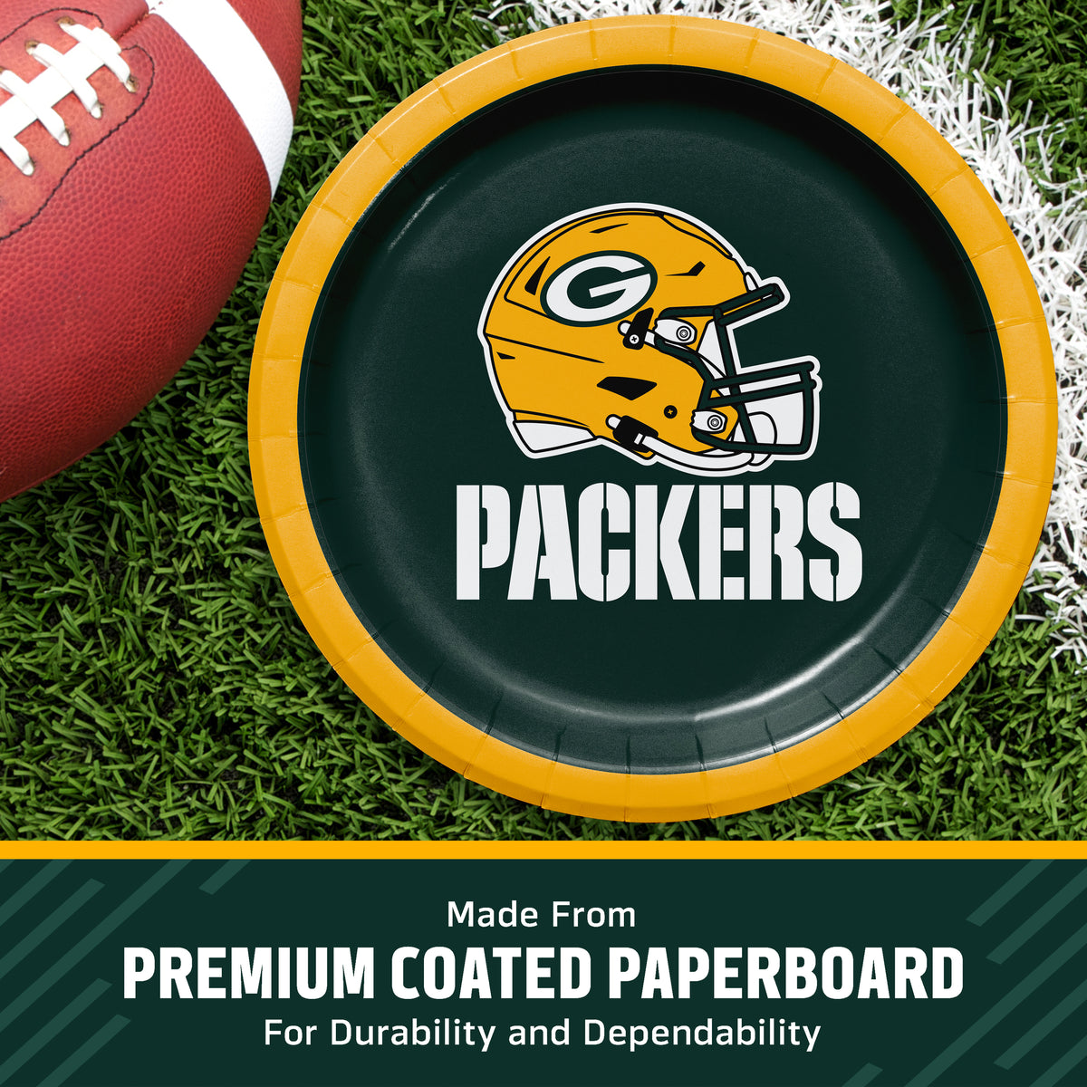 Green Bay Packers themed paper plate on a green turf background next to a football, with a text banner at the bottom reading 'Made from PREMIUM COATED PAPERBOARD'.