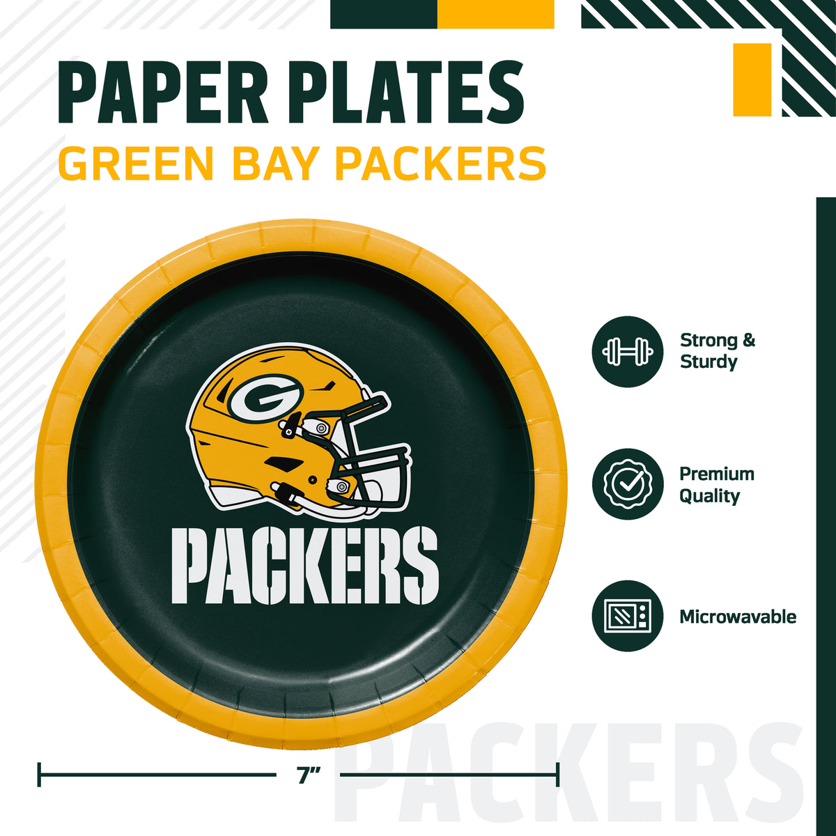 Green Bay Packers themed paper plates, featuring a 7-inch round plate with a green center, a yellow rim, and the Packers helmet logo with 'PACKERS' text. The image includes product specifications and feature icons on a white background.