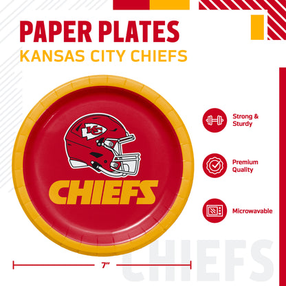 Kansas City Chiefs themed paper plates, featuring a 7-inch round plate with a red center, an yellow rim, and the Kansas City Chiefs helmet logo and 'CHIEFS' text. The image includes product specifications and feature icons on a white background.