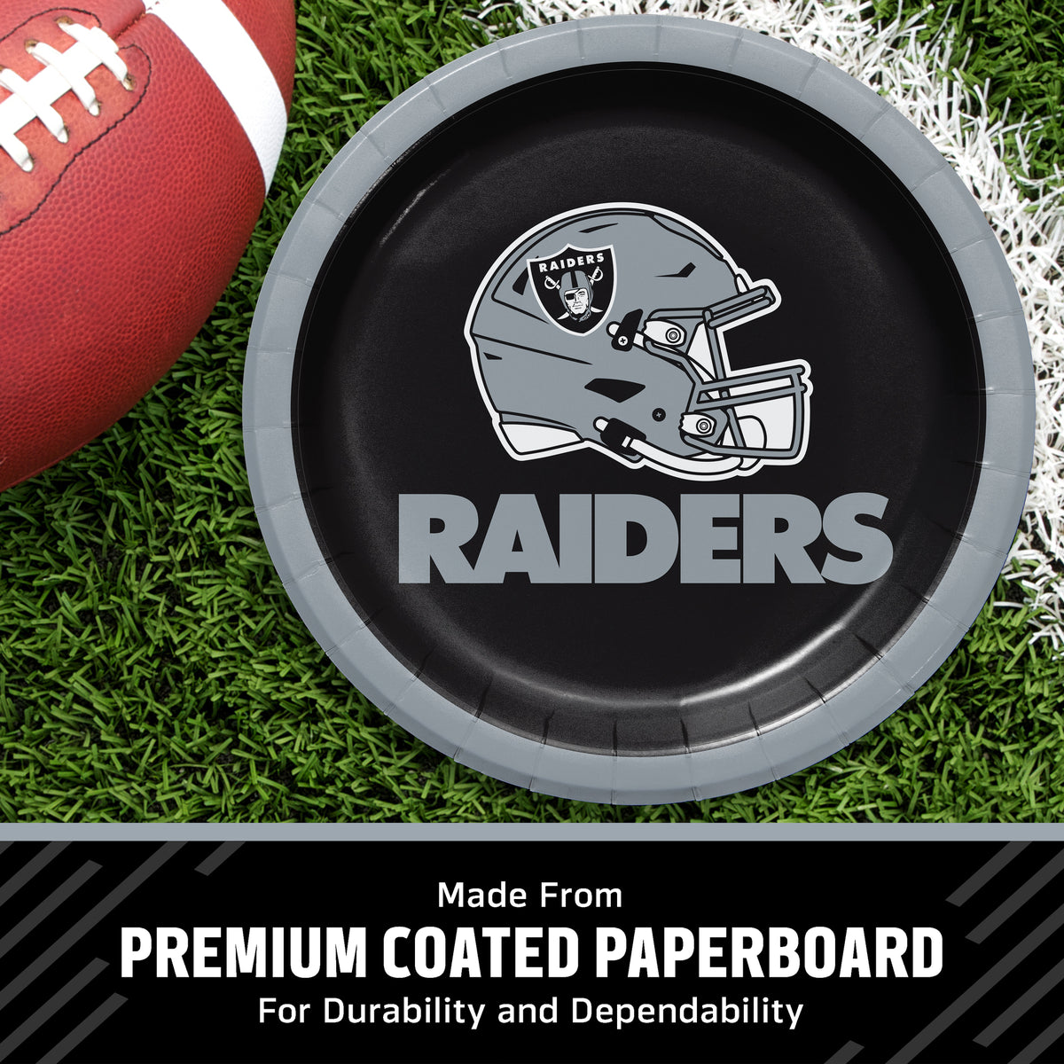 Las Vegas Raiders themed paper plates, featuring a 7-inch round plate with a black center, a silver rim, and the Las Vegas Raiders helmet logo with 'RAIDERS' text. The image includes product specifications and feature icons on a white background.