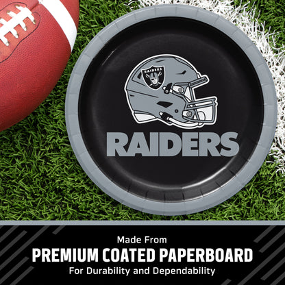 Las Vegas Raiders themed paper plates, featuring a 7-inch round plate with a black center, a silver rim, and the Las Vegas Raiders helmet logo with 'RAIDERS' text. The image includes product specifications and feature icons on a white background.