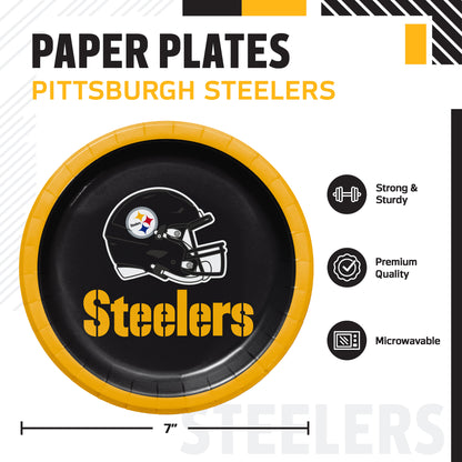 Pittsburgh Steelers paper plate shown on a branded product graphic. The round black plate has a yellow rim, a white Steelers helmet logo, and large yellow 'Steelers' text.
