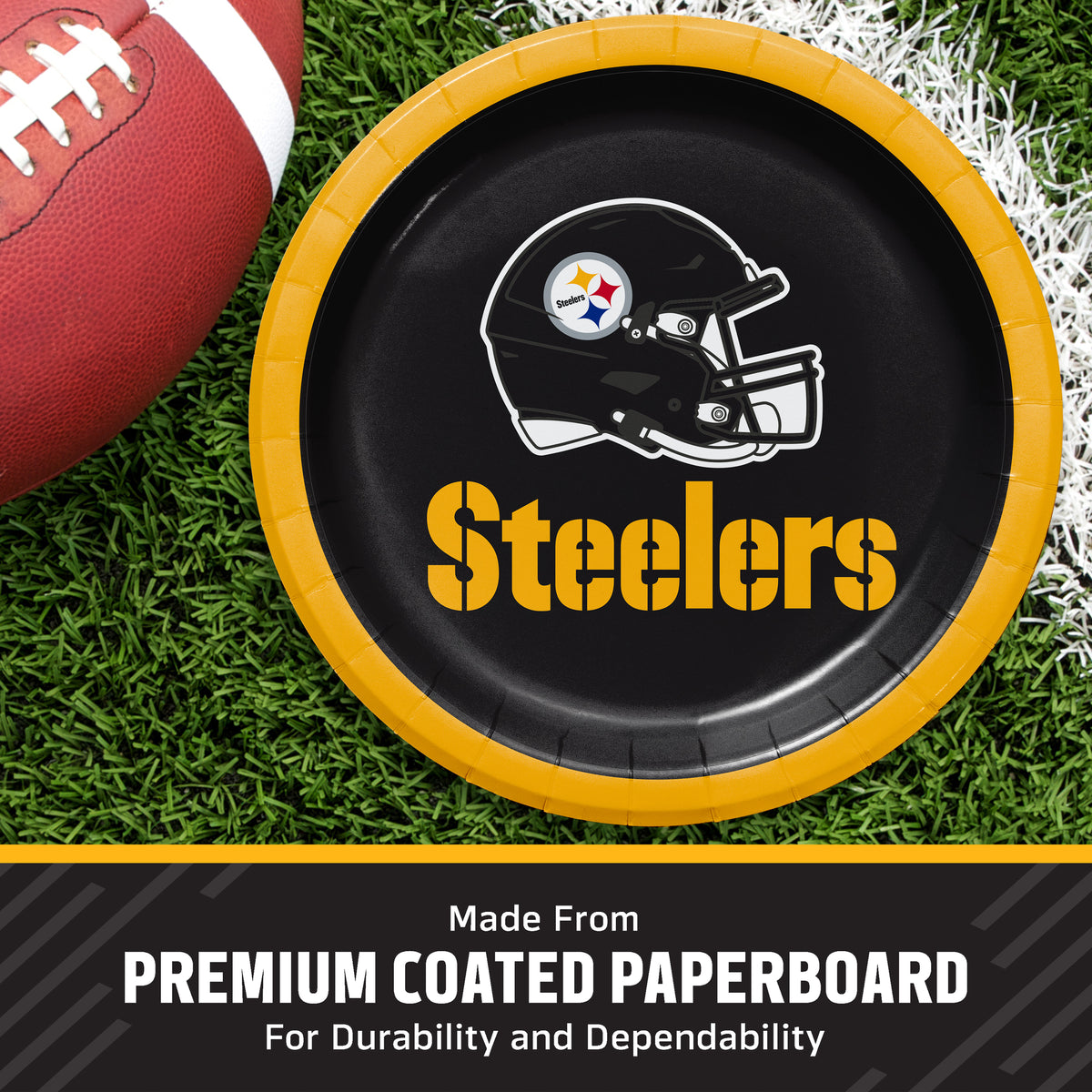 A Pittsburgh Steelers themed paper plate on a green grass background next to a football, with a text banner at the bottom reading 'Made From PREMIUM COATED PAPERBOARD'.