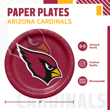 Arizona Cardinals themed paper plate shown on a branded product graphic. The round burgundy plate features the Arizona Cardinals bird logo prominently in the center. Dimensions shown.