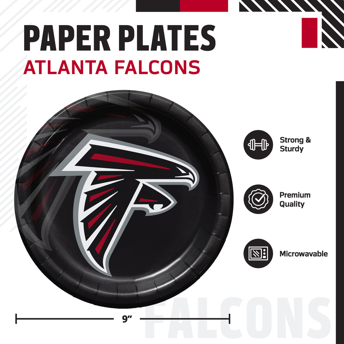 Atlanta Falcons paper plates with Falcons logo on a black plate with dimensions shown.