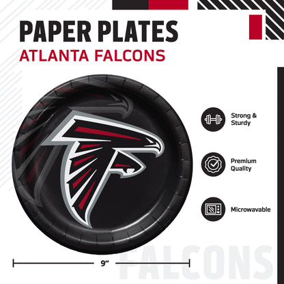 Atlanta Falcons paper plates with Falcons logo on a black plate with dimensions shown.