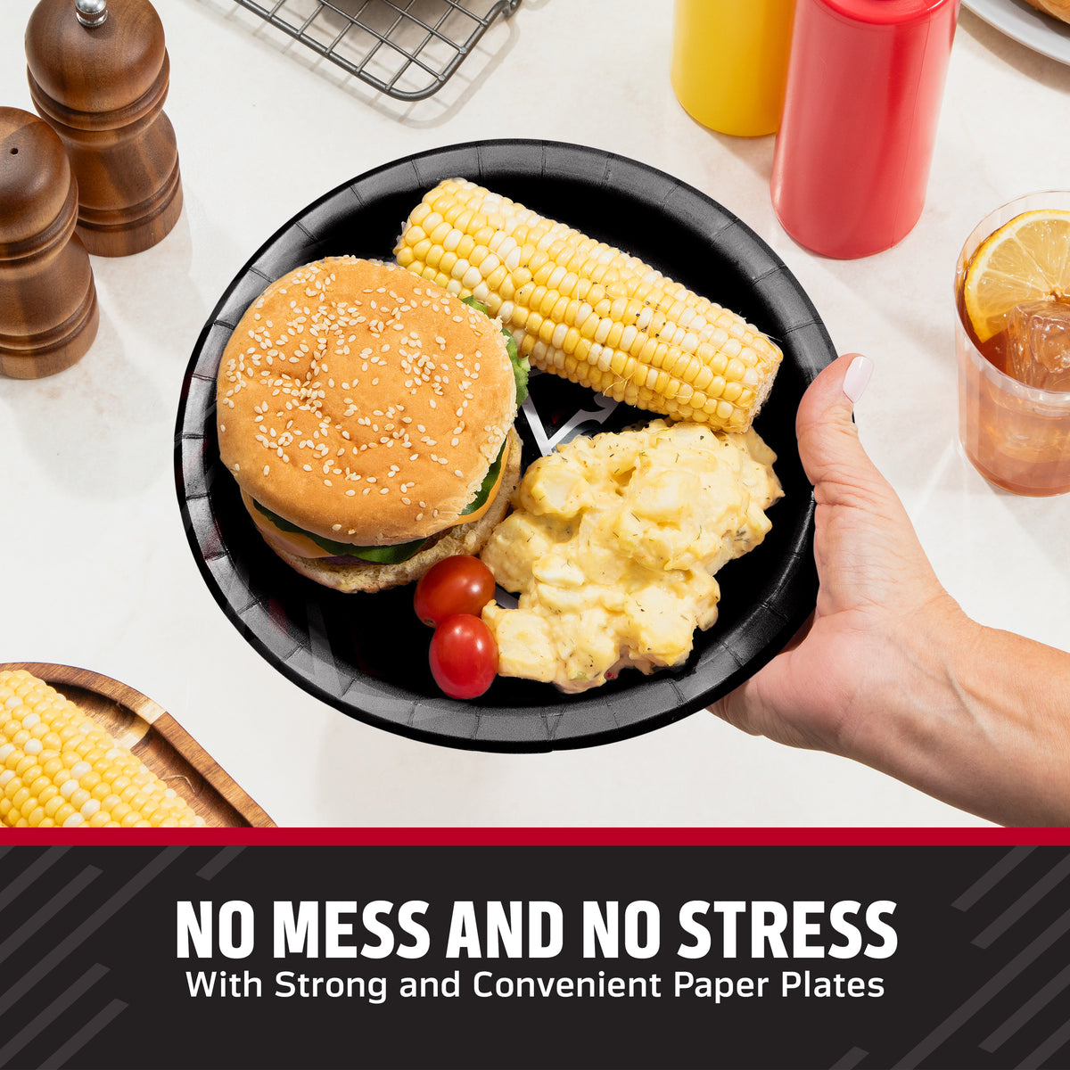 Atlanta Falcons plate with food and "No Mess and No Stress With Strong and Convenient Paper Plates" text