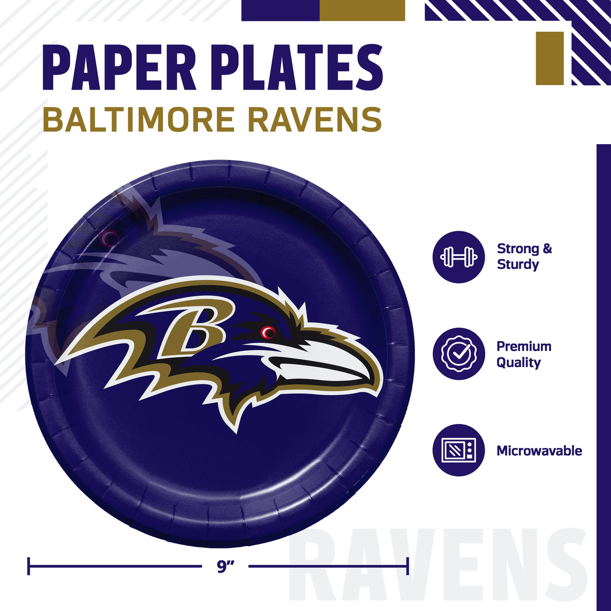 Baltimore Ravens paper plates infographic with sturdy, premium quality, and microwavable. Product dimensions included.