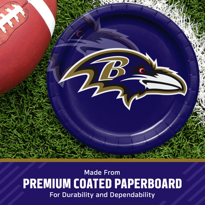 Baltimore Ravens paper plate on grass football field with banner along the bottom with "Made from Premium Coated Paperboard for Durability and Dependability" text.