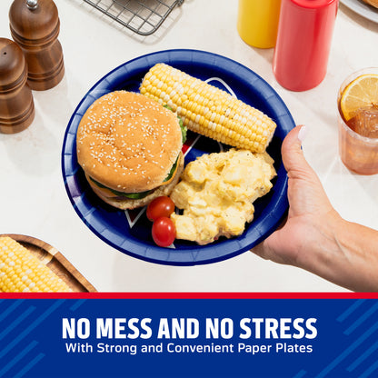 Hand holding a Buffalo Bills plate with burger, potato salad, and corn on the cob. "No Mess and No Stress" text along the bottom