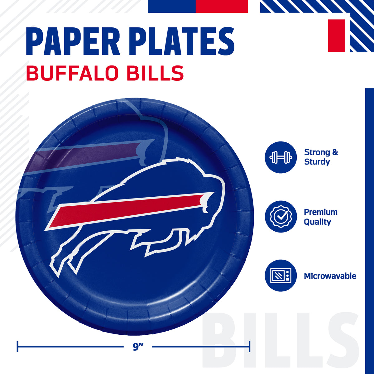 A Buffalo Bills themed paper plate shown on a white promotional background with text reading 'PAPER PLATES BUFFALO BILLS' and feature icons for strong and sturdy, premium quality, and microwaveable. The plate is blue with the team logo in white and red.