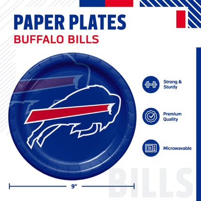 A Buffalo Bills themed paper plate shown on a white promotional background with text reading 'PAPER PLATES BUFFALO BILLS' and feature icons for strong and sturdy, premium quality, and microwaveable. The plate is blue with the team logo in white and red.