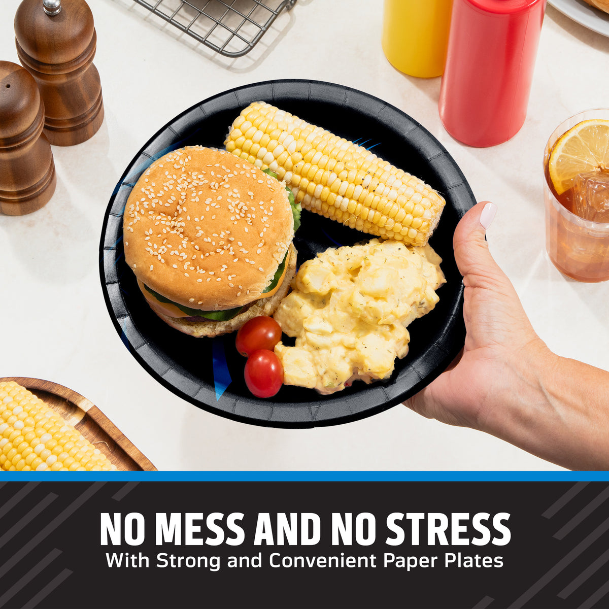 Carolina Panthers plates with a hand holding food and banner along the bottom stating "No Mess and No Stress"