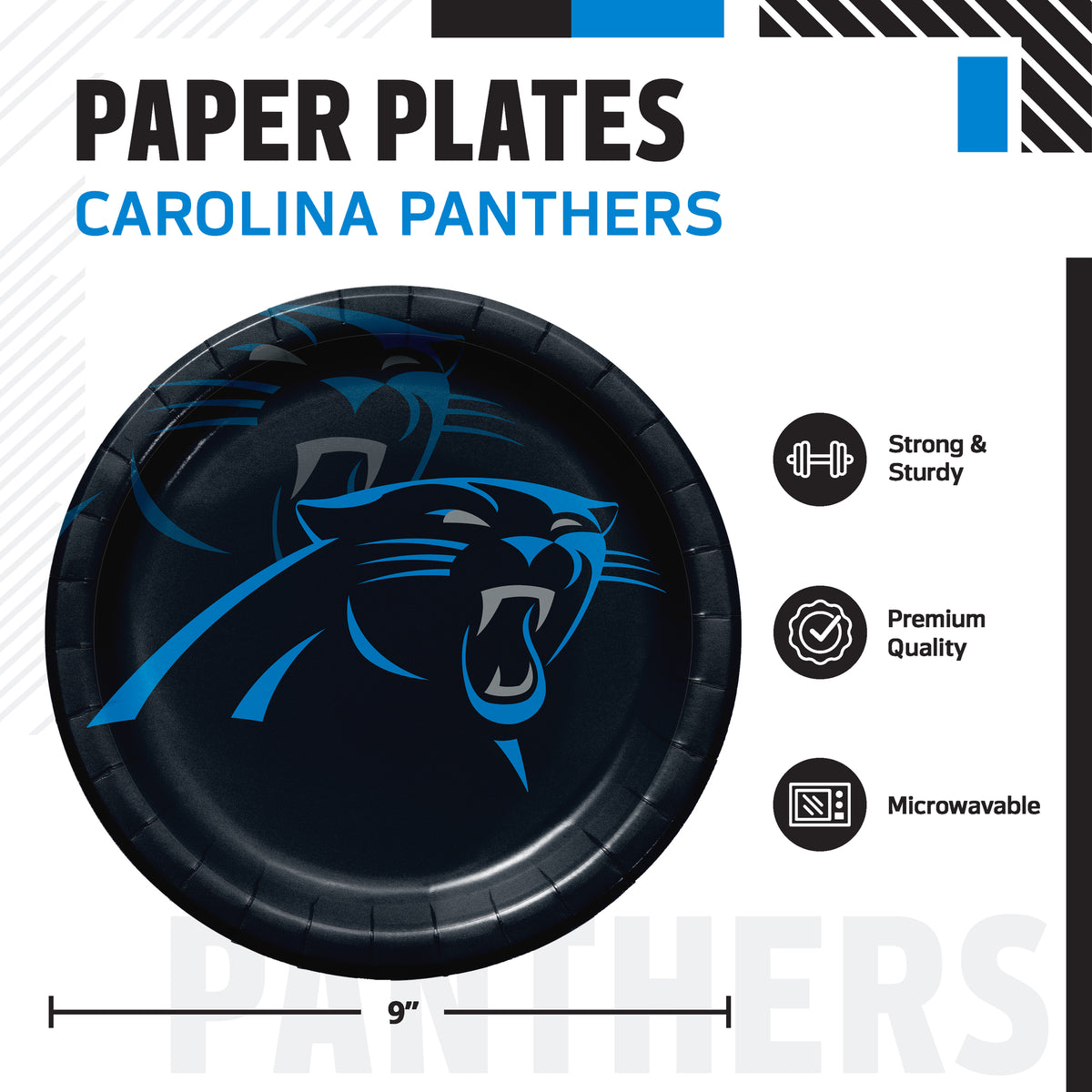 Carolina Panthers paper plates with infographic and product dimensions