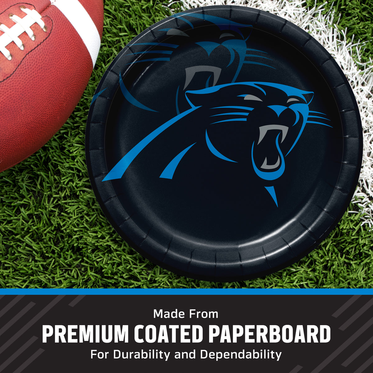 Carolina Panthers paper plate on a grass football field and banner along the bottom stating "Made from Premium Coated Paperboard for Durability and Dependability"