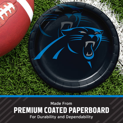 Carolina Panthers paper plate on a grass football field and banner along the bottom stating "Made from Premium Coated Paperboard for Durability and Dependability"