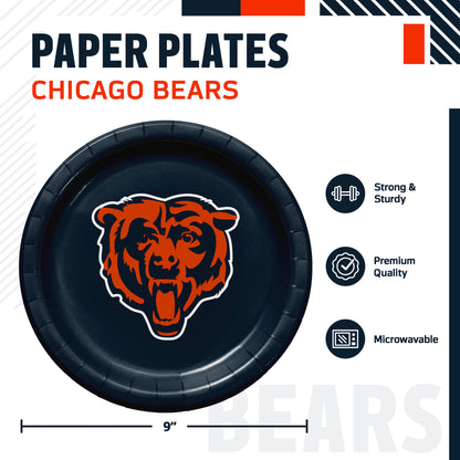 Chicago Bears themed paper plates, featuring a 9-inch round plate with a navy blue center, an orange rim, and the Chicago Bears helmet logo with 'BEARS' text. The image includes product specifications and feature icons on a white background.