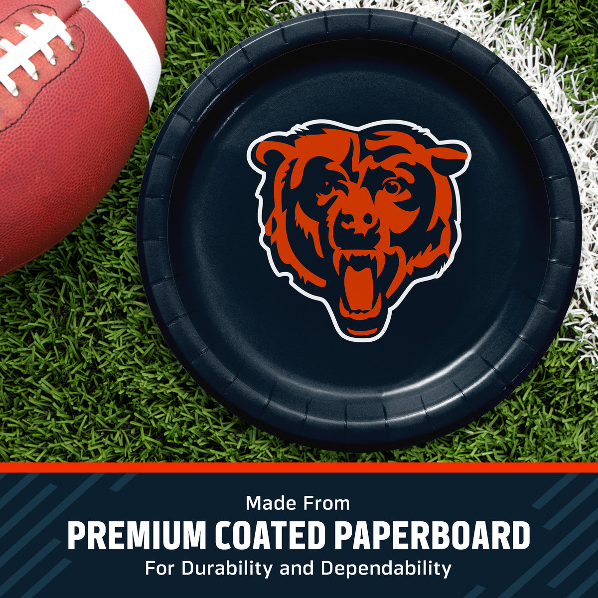 Chicago Bears themed paper plate on a green turf background next to a football, with a text banner at the bottom reading 'Made from PREMIUM 2-PLY TISSUE'.