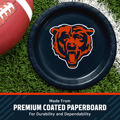 Chicago Bears themed paper plate on a green turf background next to a football, with a text banner at the bottom reading 'Made from PREMIUM 2-PLY TISSUE'.
