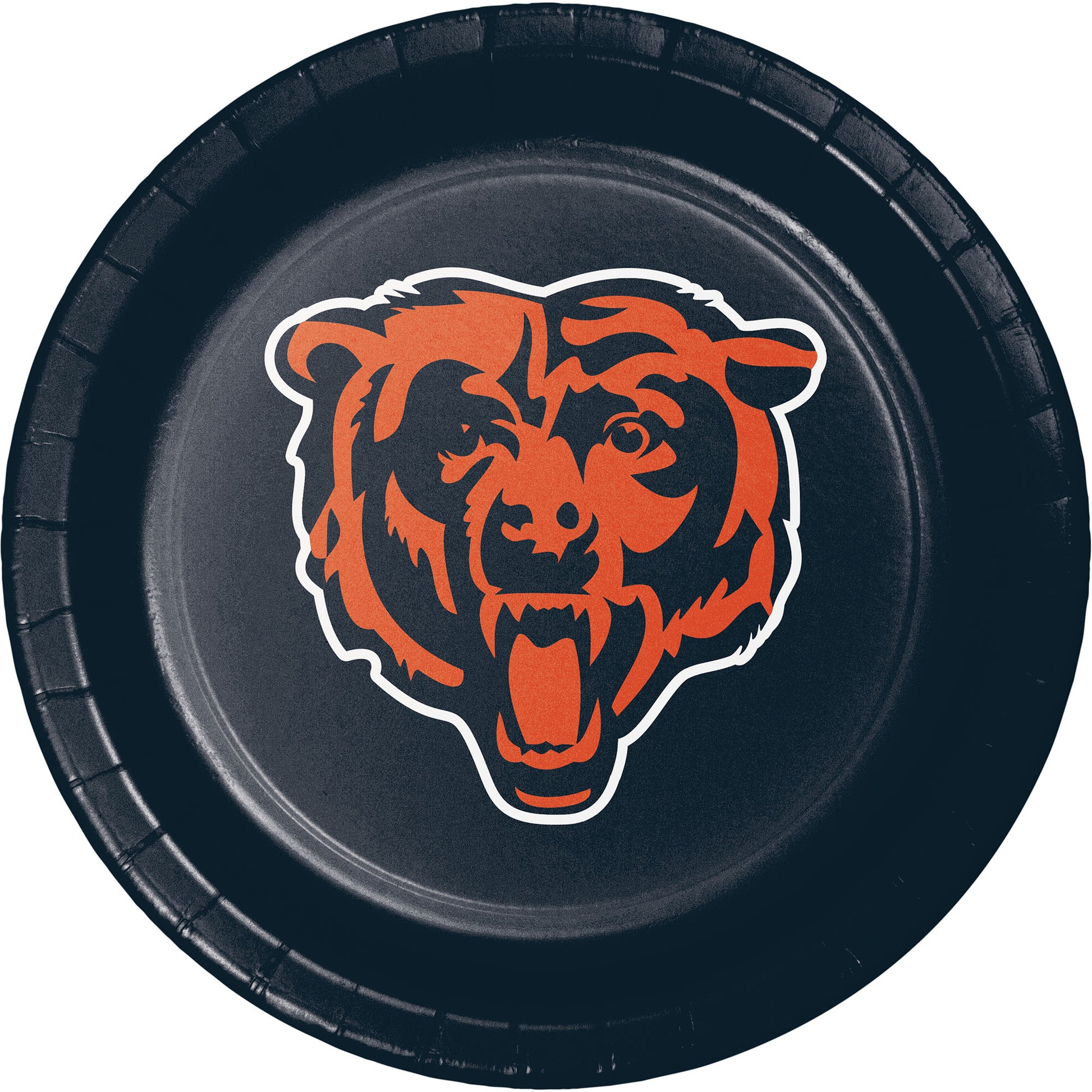 Dark blue paper plate with orange Chicago Bears head logo